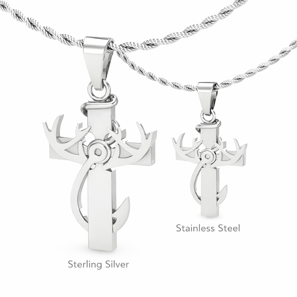 cross with deer antlers and fish hook Hunting, Faith & Fishing Pendant Necklace Small-Stainless 1.25" x .75"