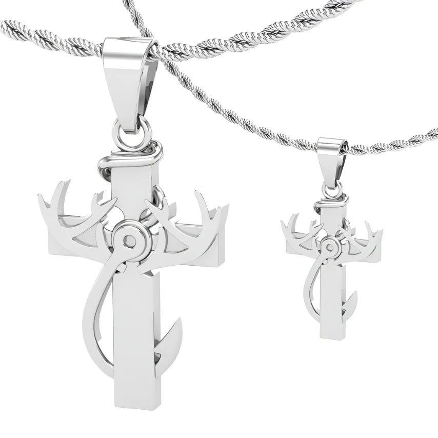 cross with fishing hook Hunting, Faith & Fishing Pendant Necklace Small-Stainless 1.25" x .75"