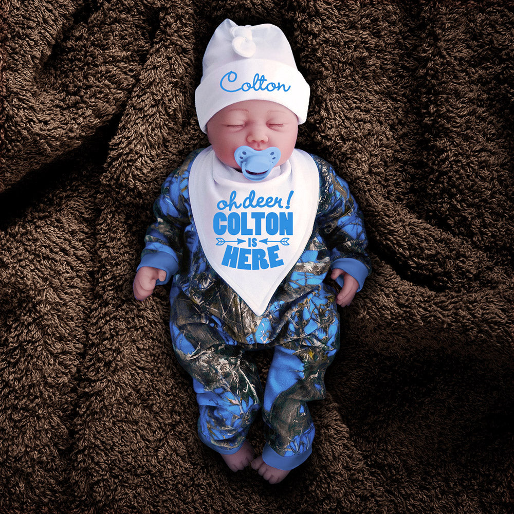 Blue Camo Zip Onesie with Personalized OH DEER Hat Bib