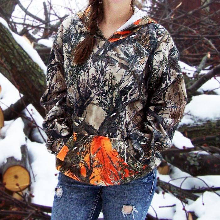 Women's Hooded Camo Sweatshirt Natural w/ Orange Hood & Pocket / XL (Bust 46-48)