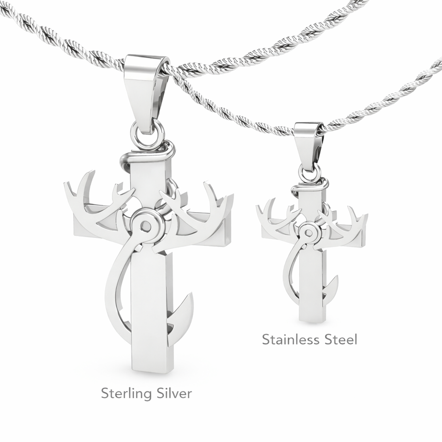 cross fishing hook Hunting, Faith & Fishing Pendant Necklace Small-Stainless 1.25" x .75"