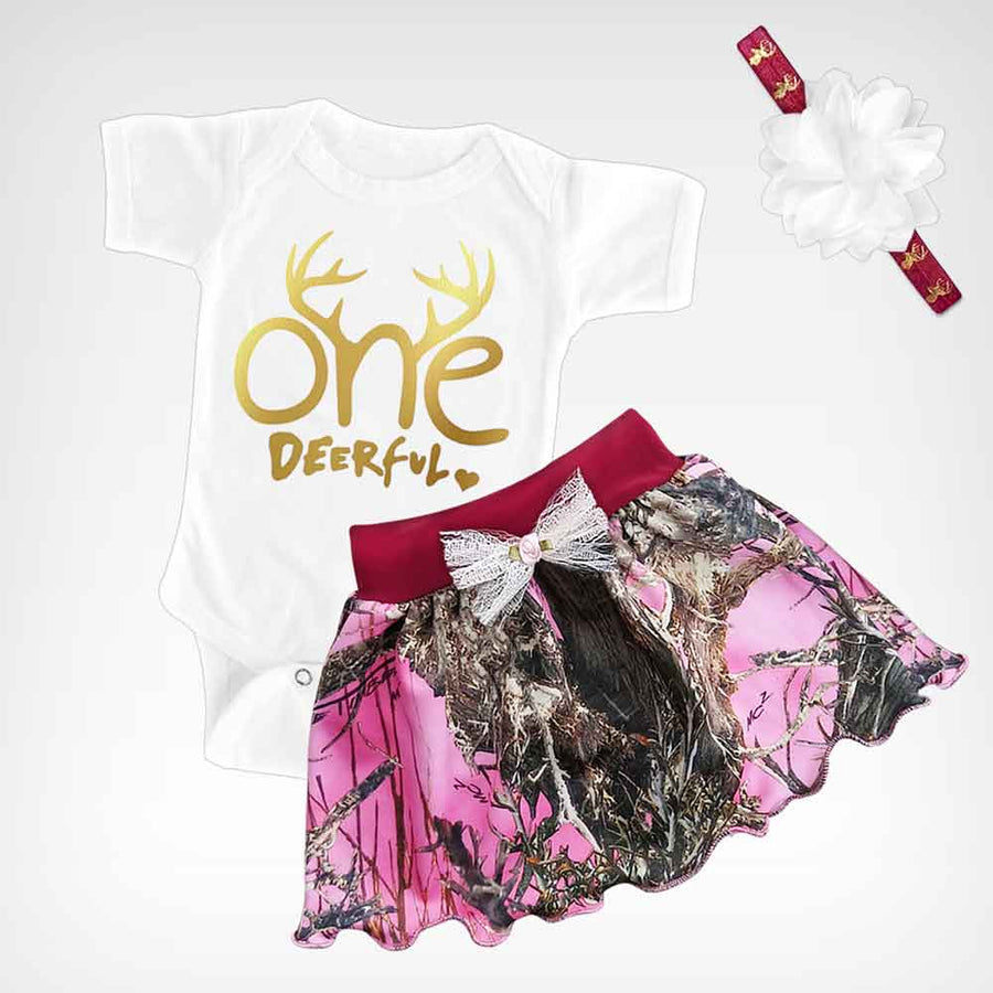 Baby Girl 1st Birthday Pink Camo Skirt and One-deer-ful Short-sleeve Onesie Set