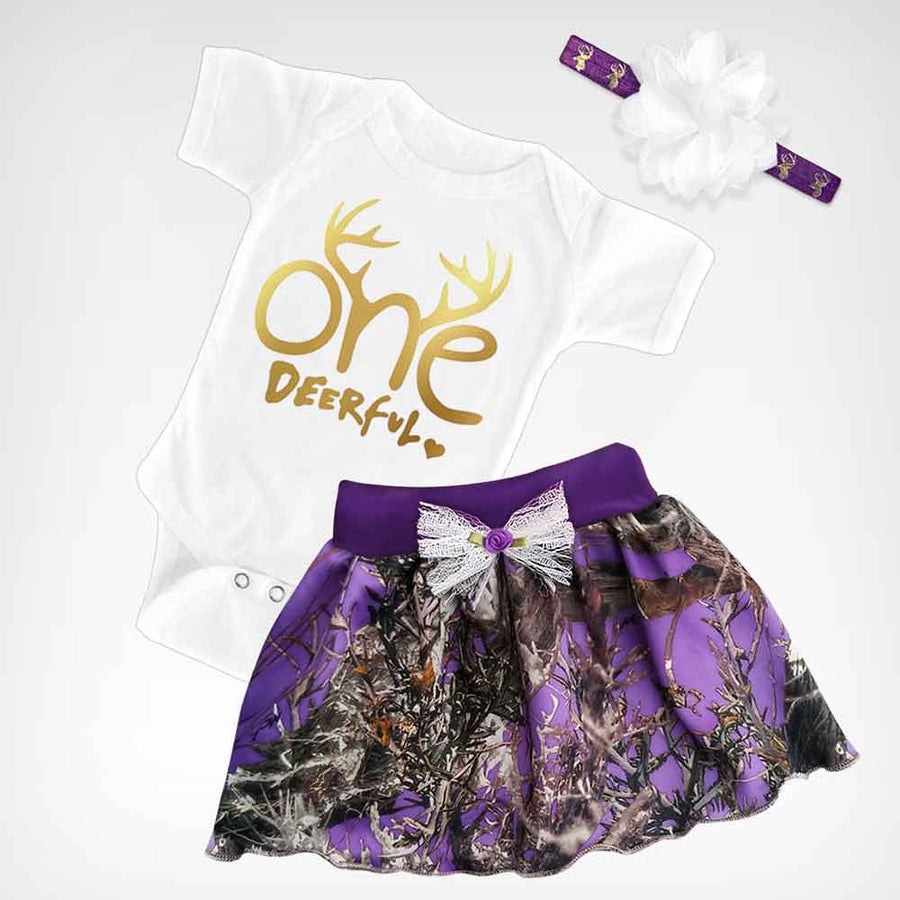 Baby Girl 1st Birthday Purple Camo Skirt and One-deerful Short-sleeve Onesie Set