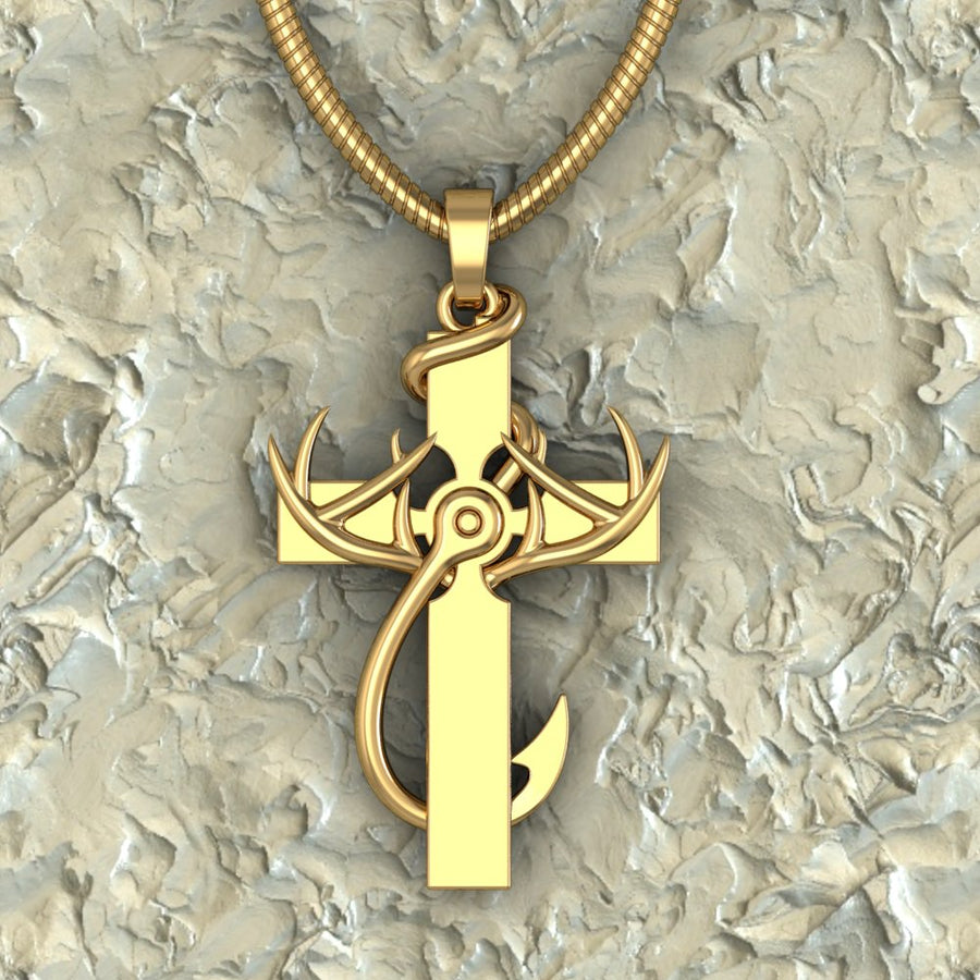 Gold PlatedHunting, Faith & Fishing Pendant Necklace Gold Rope Chain / Pendant Only-No Chain