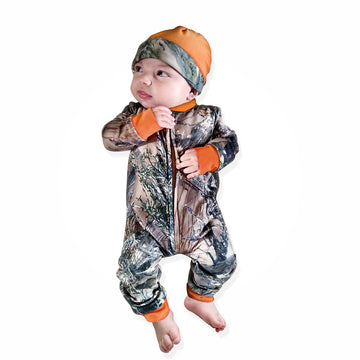 Baby Camo and Orange Zipper Jumpsuit with Hat