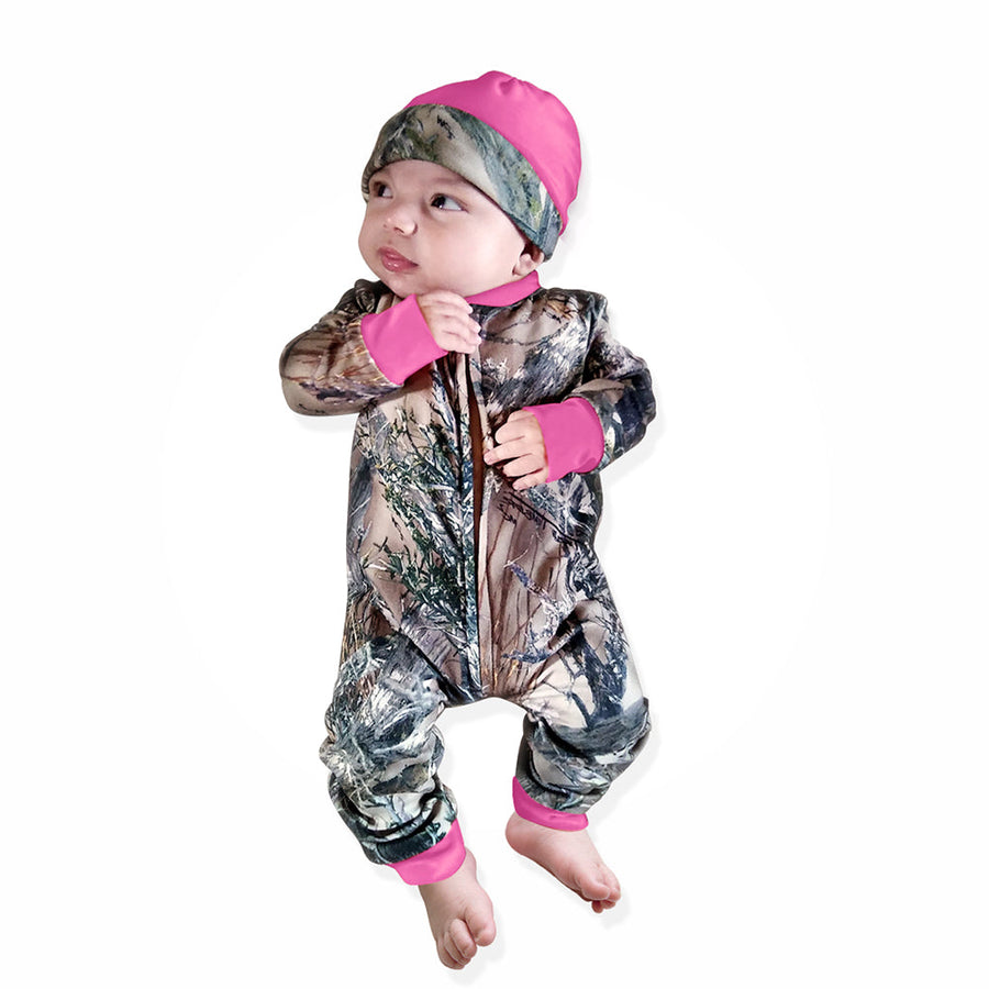 Baby Camo and Pink Zipper Jumpsuit with Hat