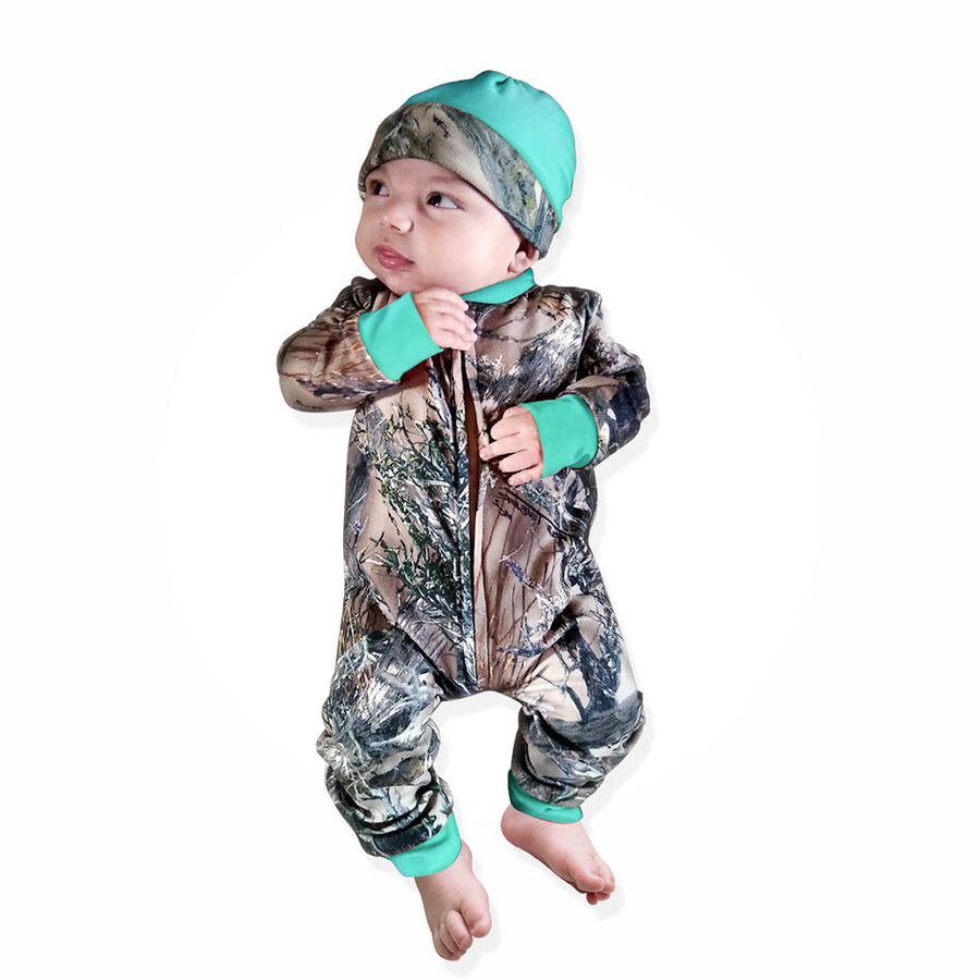 Baby Camo and Teal Zipper Jumpsuit with Hat