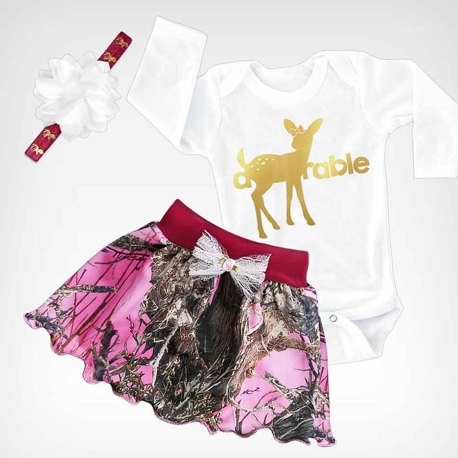 Baby Girl's Pink Camo Skirt and a-DOE-rable Long-sleeve Onesie Set