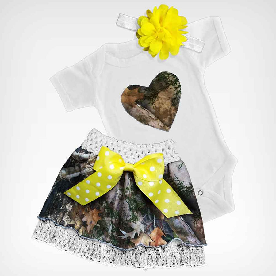 Baby Camo Heart Skirt and Onesie Set with Yellow Bow