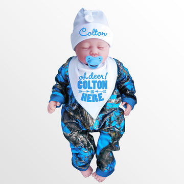 Blue Camo Baby's Jumpsuit with Personalized OH DEER! Hat & Bib