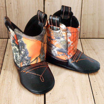 Baby's Cowboy Corral Boots - Blaze (Orange) Camo, Black Faux-Alligator Leather with Orange Stitching, Soft Black Felt Lining