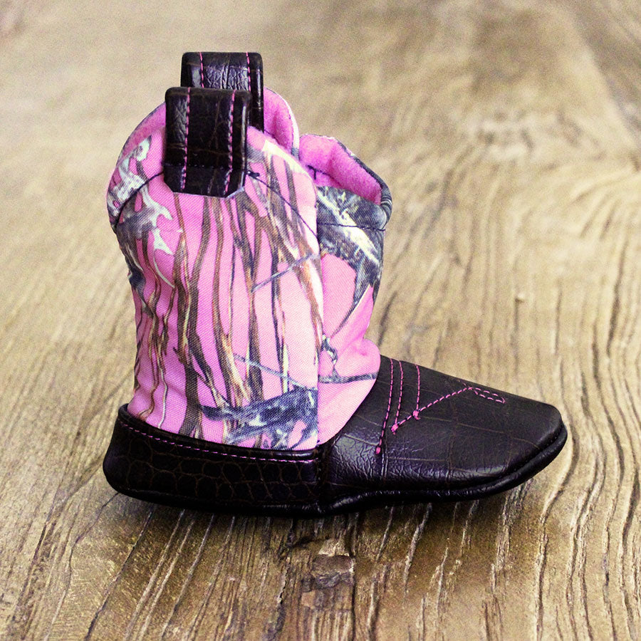 Baby's Cowboy Corral Boot - Pink Camo, Dark Brown Faux-Alligator Leather with Pink Stitching, Soft Bright Pink Felt Lining