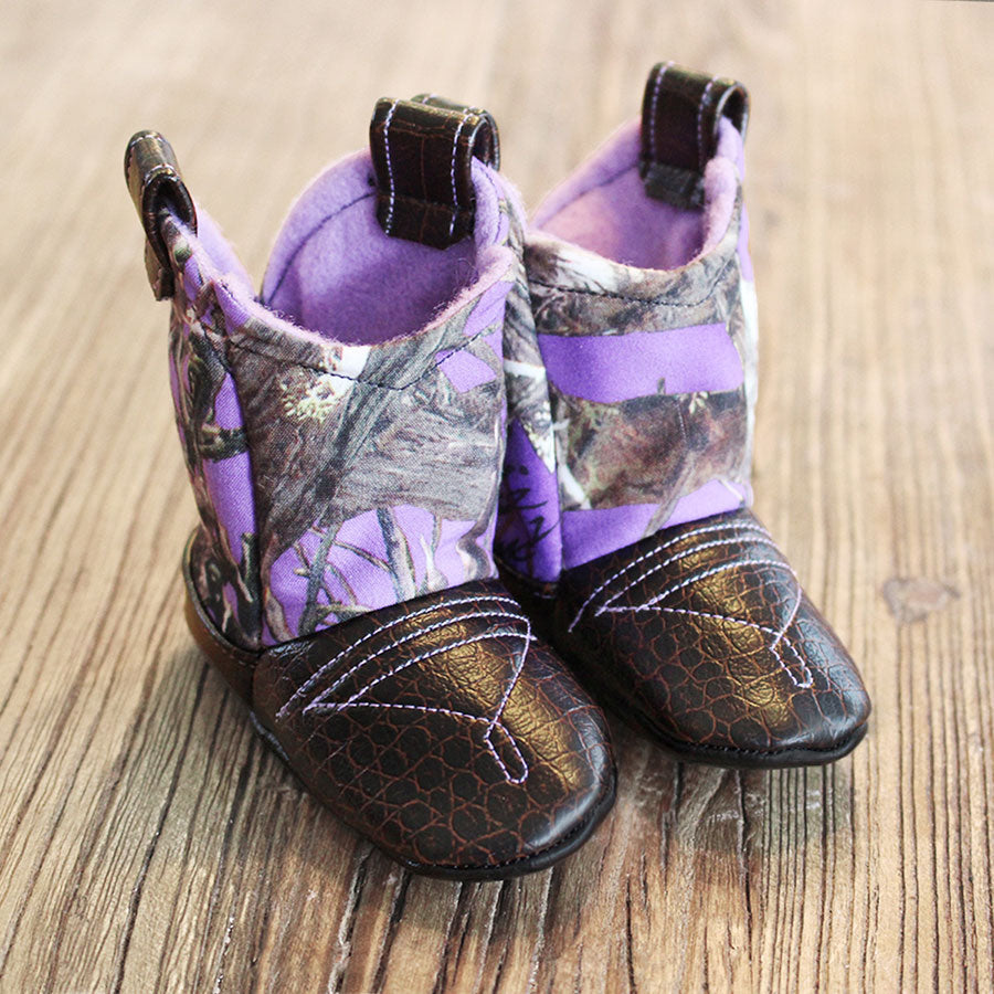 Baby's Cowboy Corral Boots - Purple Camo, Dark Brown Faux-Alligator Leather with Purple Stitching, Soft Purple Felt Lining