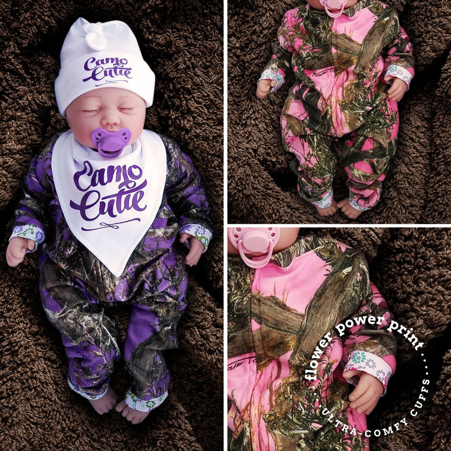 Camo Baby Jumpsuit with Flower Power Cuffs