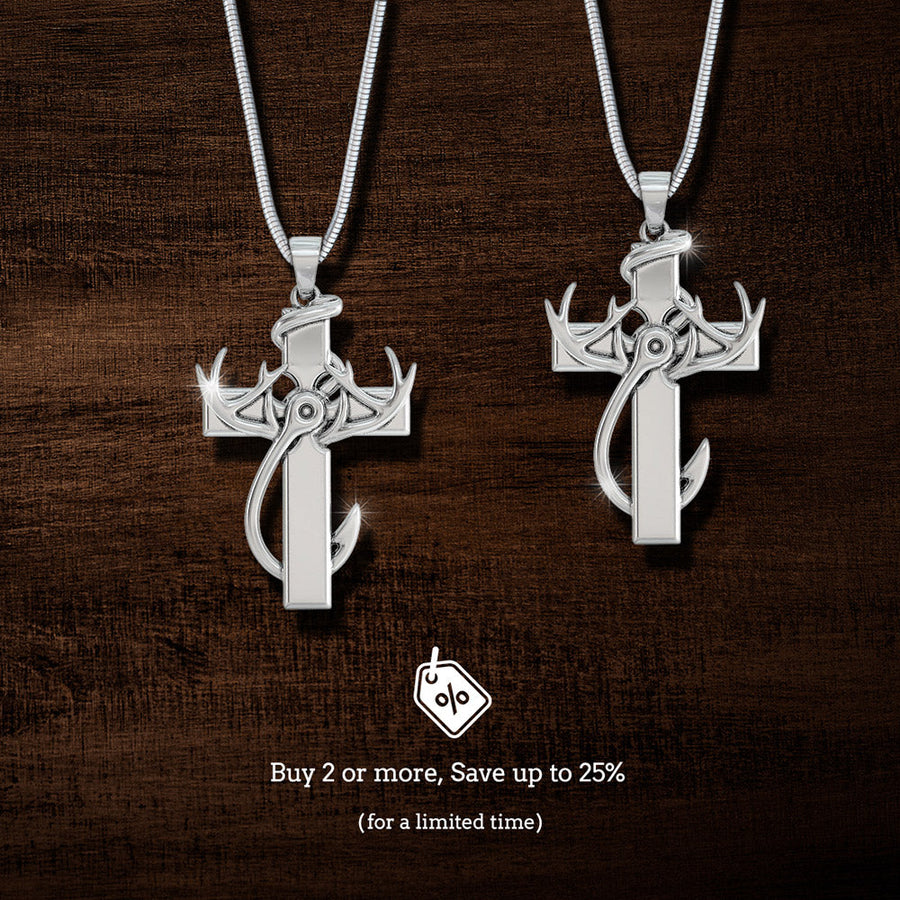 Hunting, Faith and Fishing - Sterling Silver Cross Pendant Necklace. Buy 2 or more, Save up to 25%