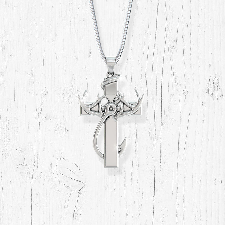 Hunting, Faith and Fishing - Sterling Silver Cross Pendant Necklace intertwined with Antlers and Fishing Hook