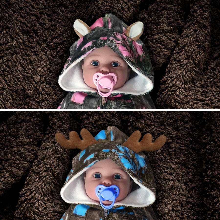 The Huntsie - Camo Fleece Baby Jumpsuit with Hood and Ears or Antlers