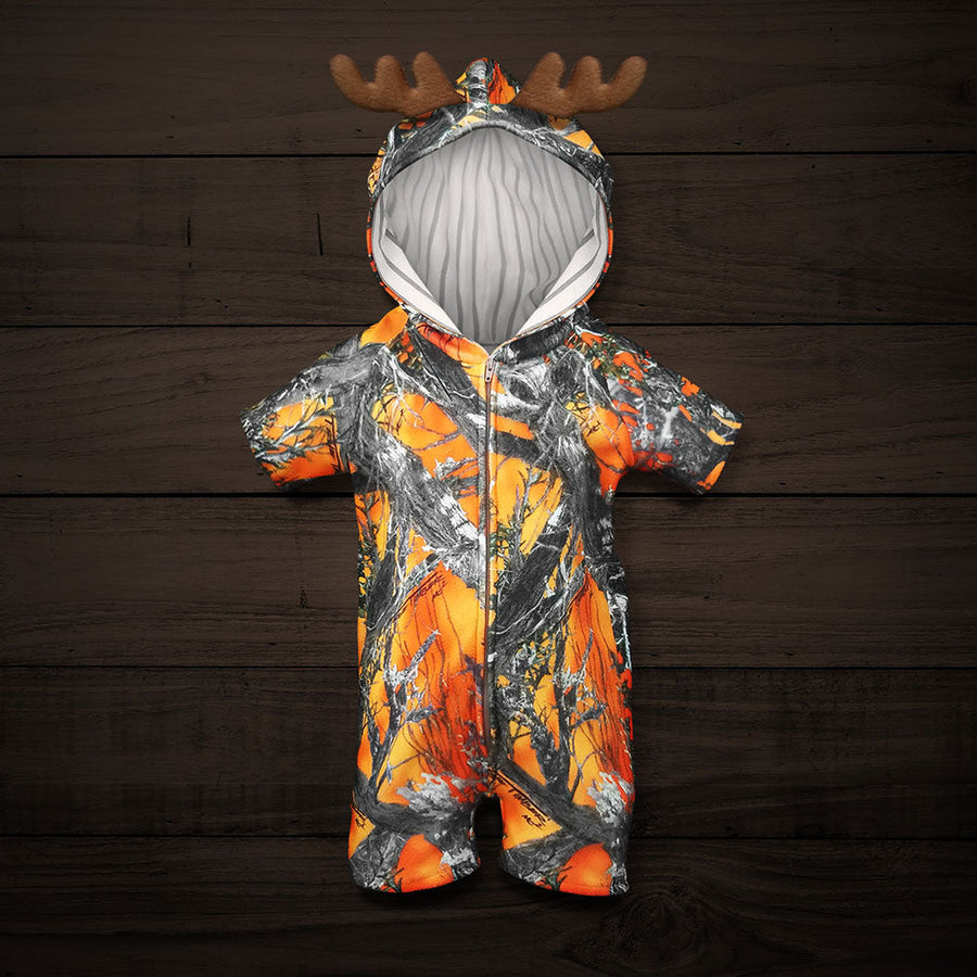 The Short-sleeve Huntsie - Blaze (Orange) Camo Baby Jumpsuit with Front Zipper, Hood and Antlers