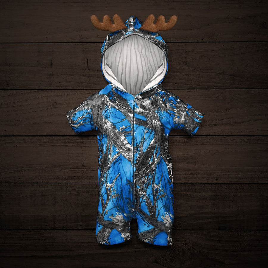 The Short-sleeve Huntsie - Blue Camo Baby Jumpsuit with Front Zipper, Hood and Antlers