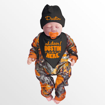 Orange Camo Baby's Jumpsuit with Personalized OH DEER! Hat & Bib