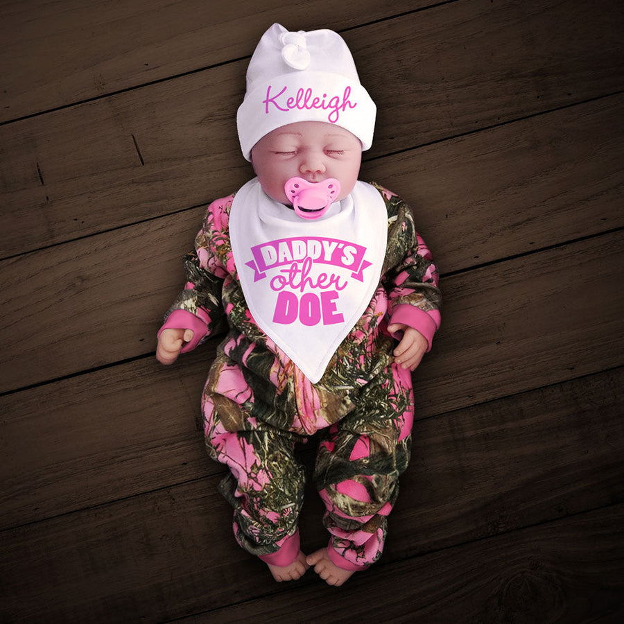 Pink Camo Zip Onesie with Personalized Hat & DADDY'S OTHER DOE Bib