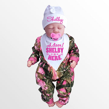 Pink Camo Baby's Jumpsuit with Personalized OH DEER! Hat & Bib