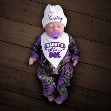 Purple Camo Zip Onesie with Personalized Hat & DADDY'S OTHER DOE Bib