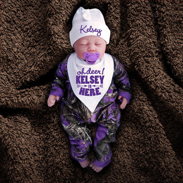 Purple Camo Zip Onesie with Personalized OH DEER! Hat & Bib