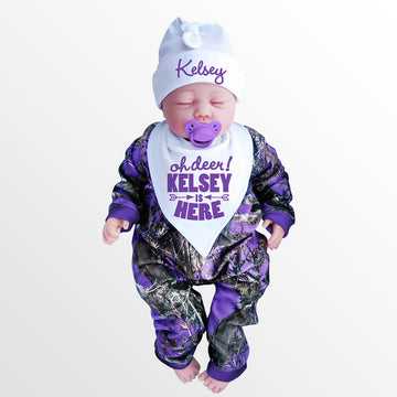 Purple Camo Baby's Jumpsuit with Personalized OH DEER! Hat & Bib