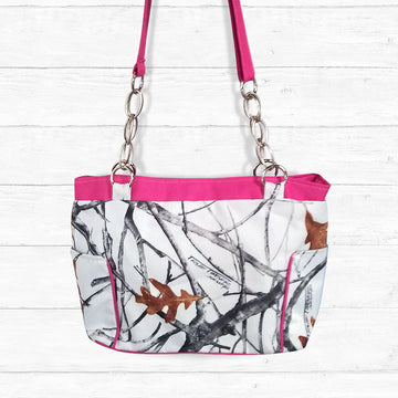 Snowfall Camo Handbag with Pink Trim and Adjustable Handle